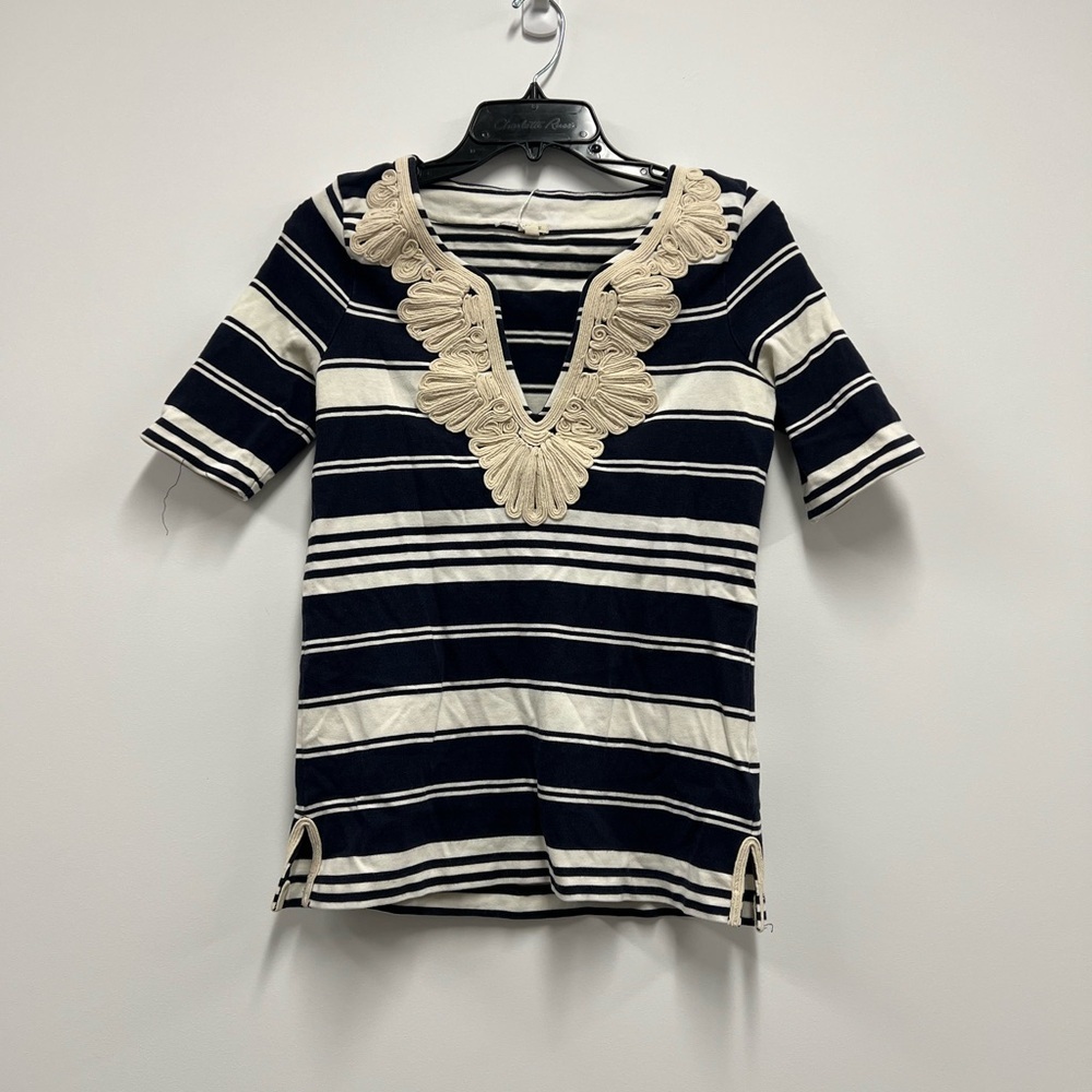 J. Crew Women’s Navy White Stripped V-Neck Top-Braided Rope Trim Size: XtraSmall
